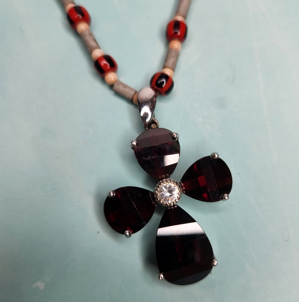 Vintage Sterling Silver Marcasite and Garnet Cross Pendant Necklace